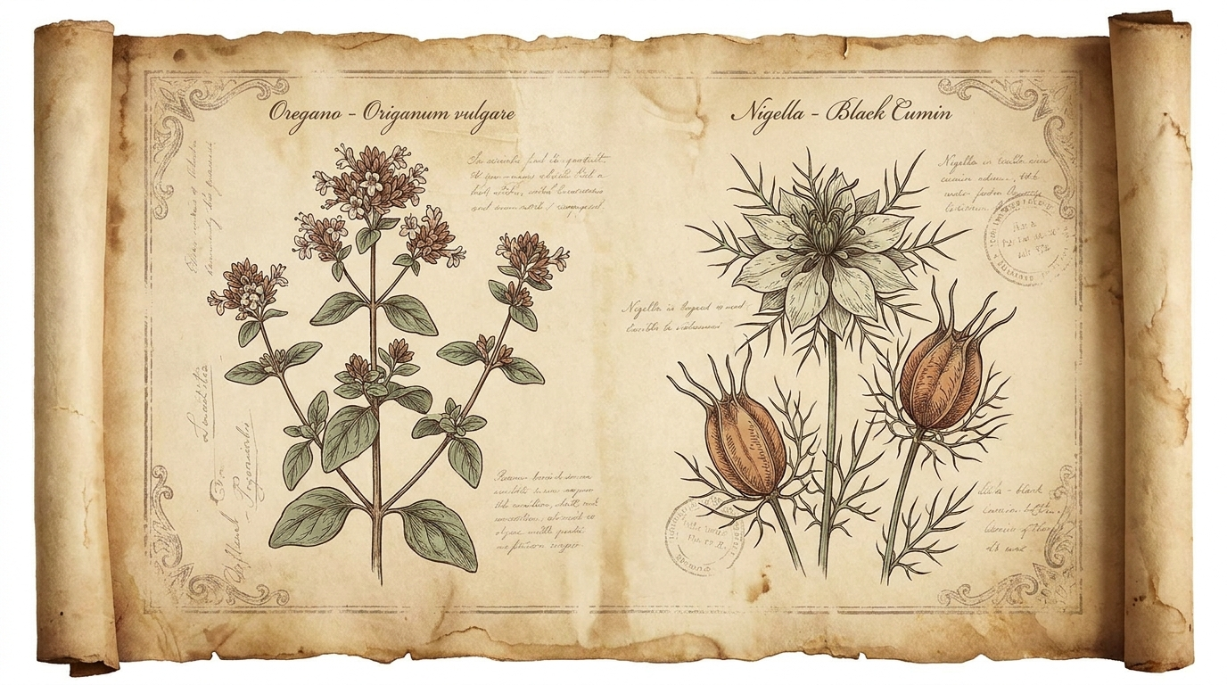 Botanical illustrations of oregano and Nigella sativa
