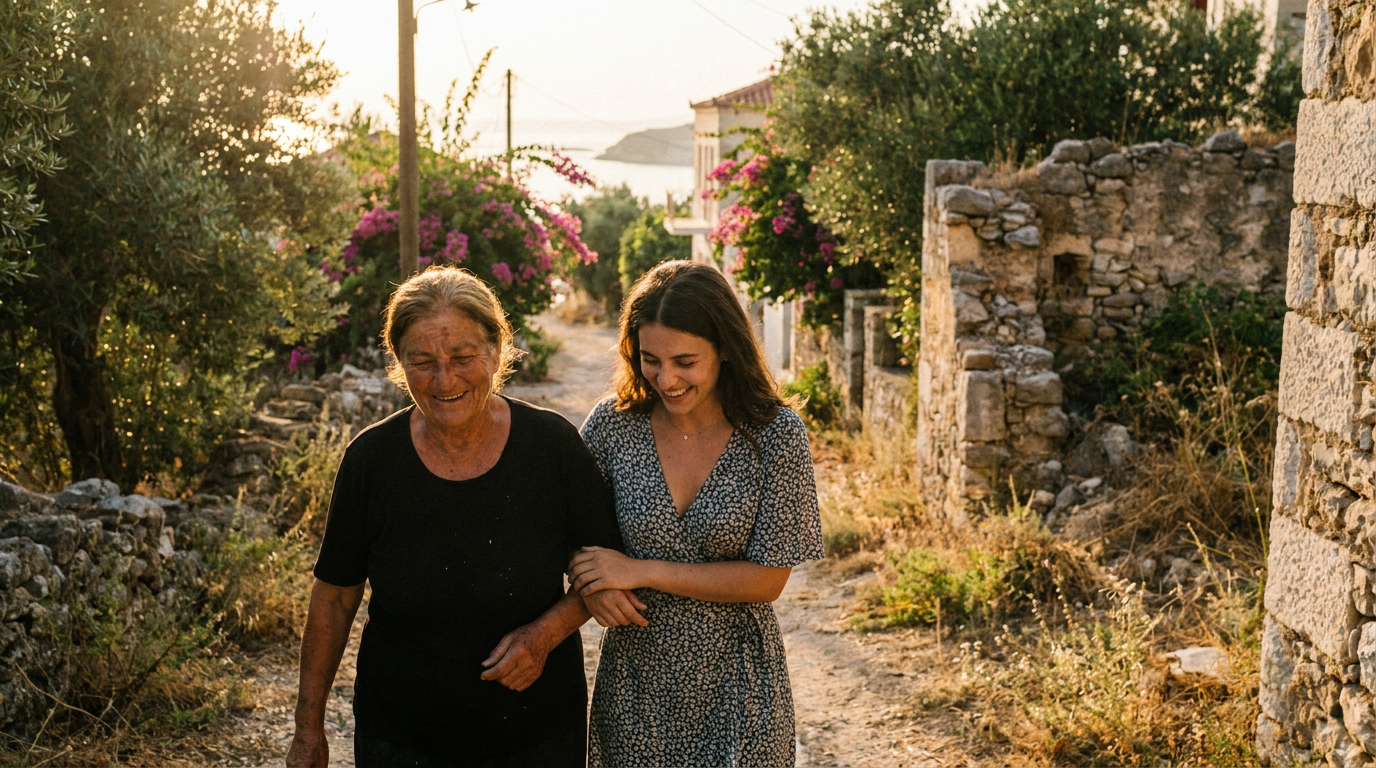 Older and younger woman walking together at golden hour