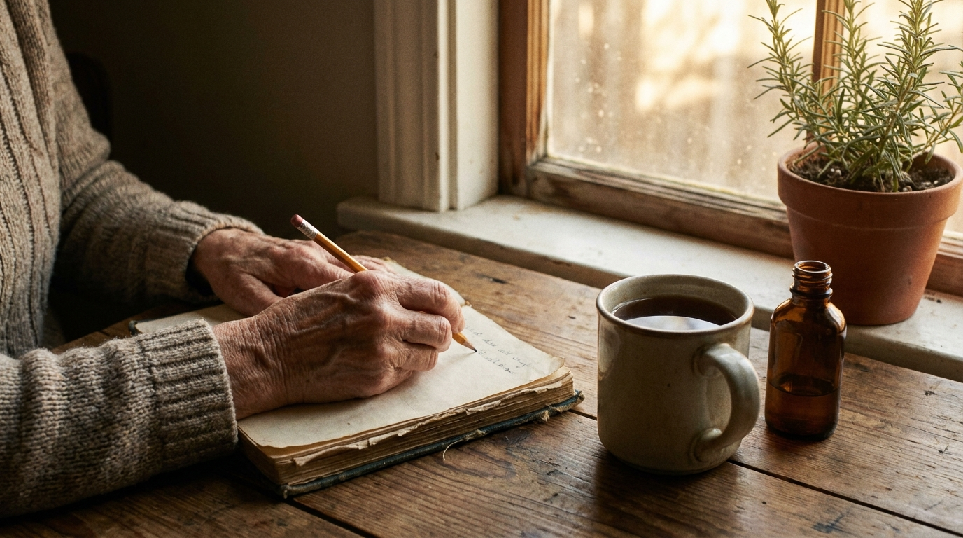 Hands writing in a journal next to tea and an amber bottle