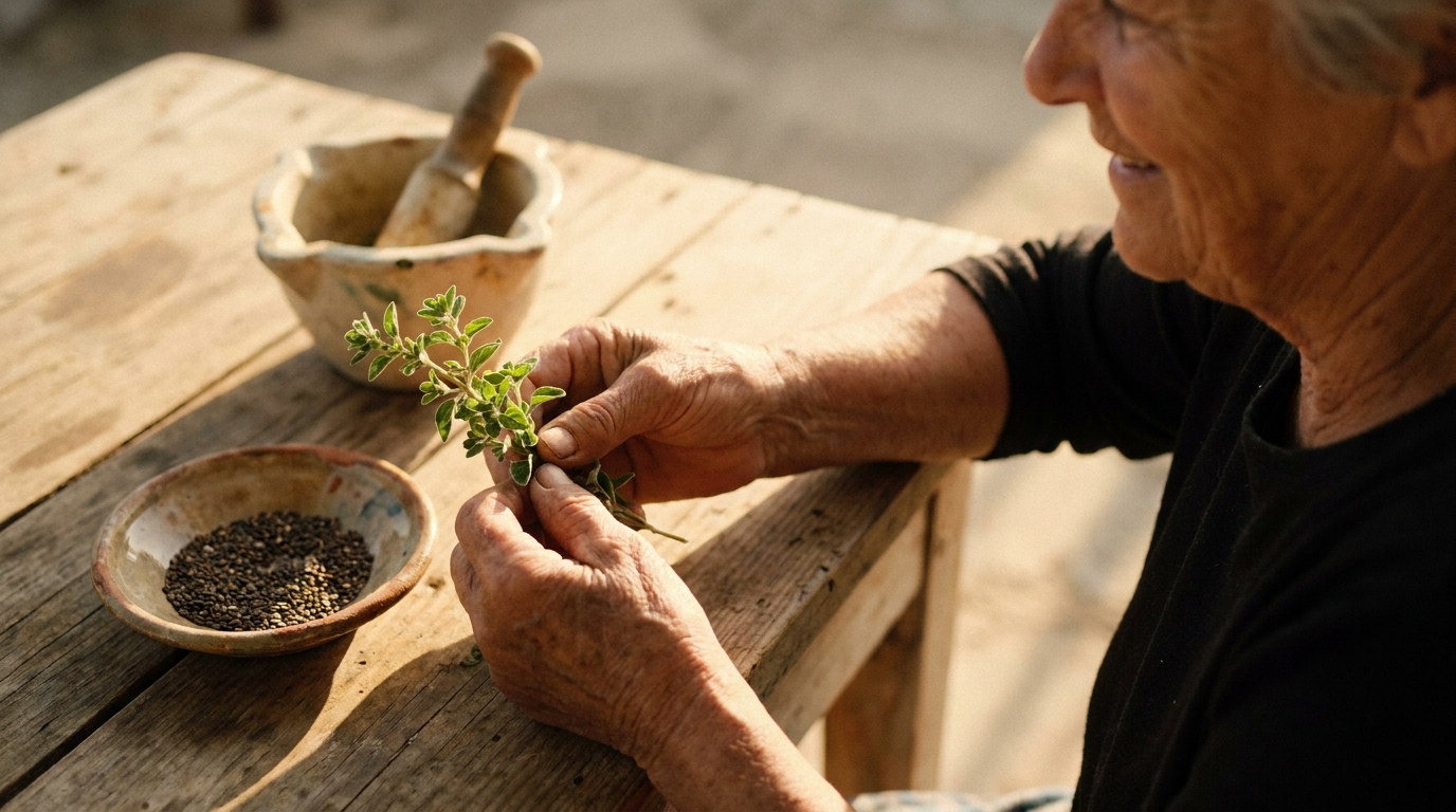 Hands holding fresh oregano with black seeds