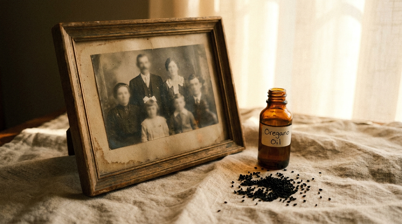 Old family photo beside oregano oil and black seeds
