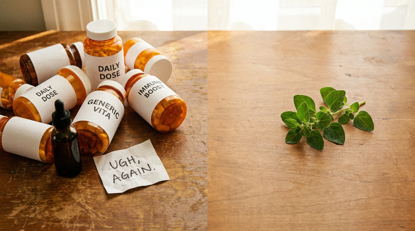 Cluttered cheap supplement bottles next to a single oregano sprig