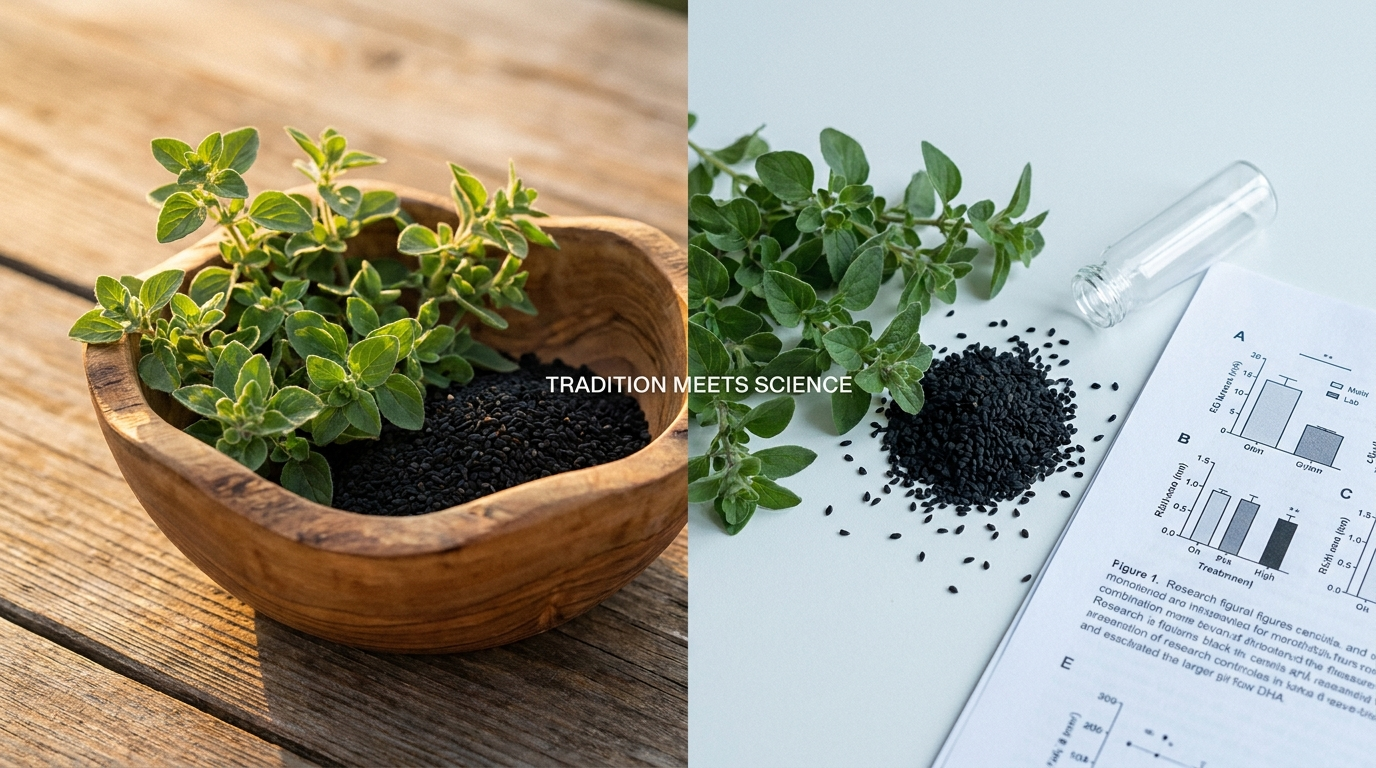 Botanicals beside lab equipment